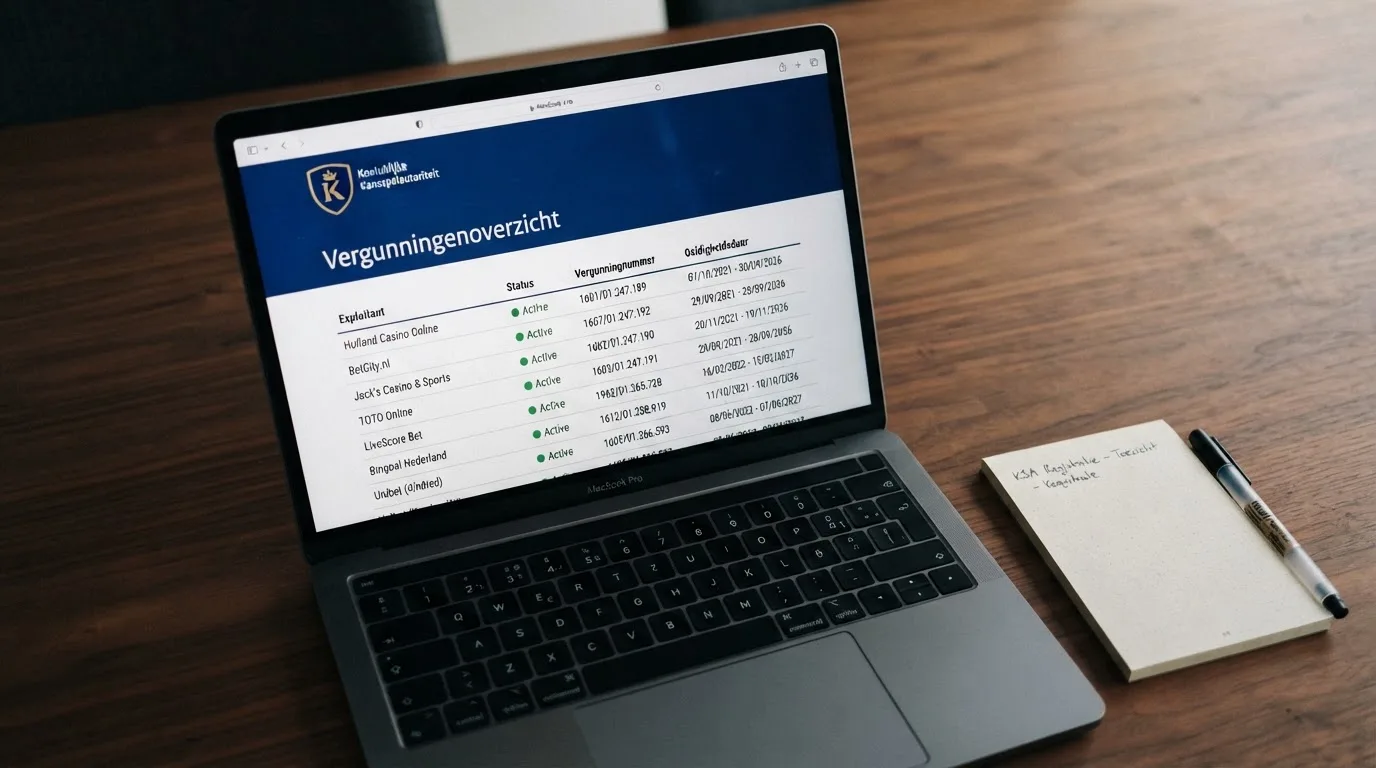 Scherm met het logo van de Kansspelautoriteit en een vergunningenoverzicht