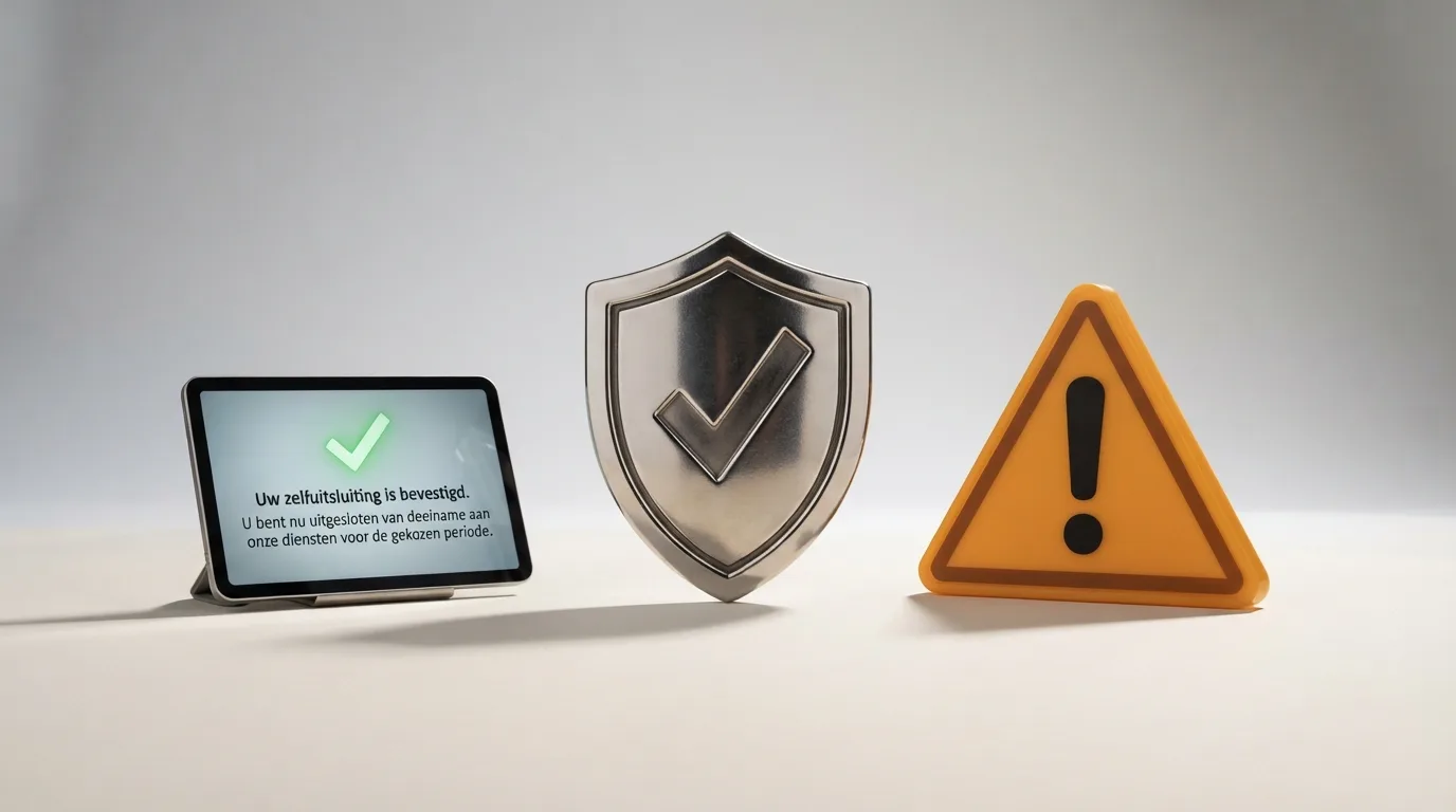 Een vergunningsbadge en een gokstop-bevestiging naast een waarschuwingssymbool