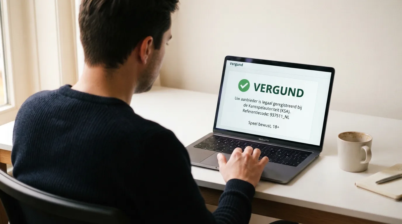 De footer van een legaal Nederlands online casino met het Kansspelautoriteit-keurmerk en vergunningnummer zichtbaar