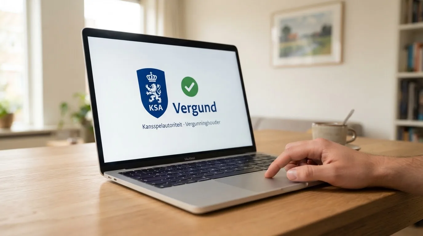 Het woordmerk van de Kansspelautoriteit op een scherm met een vergunningsbadge