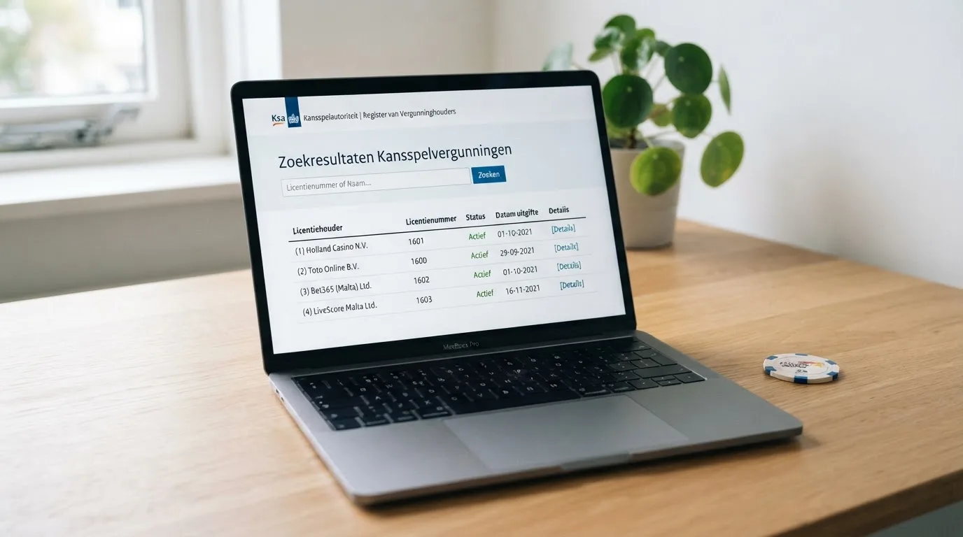 Scherm met het Nederlandse vergunningregister voor kansspelen met een zoekopdracht