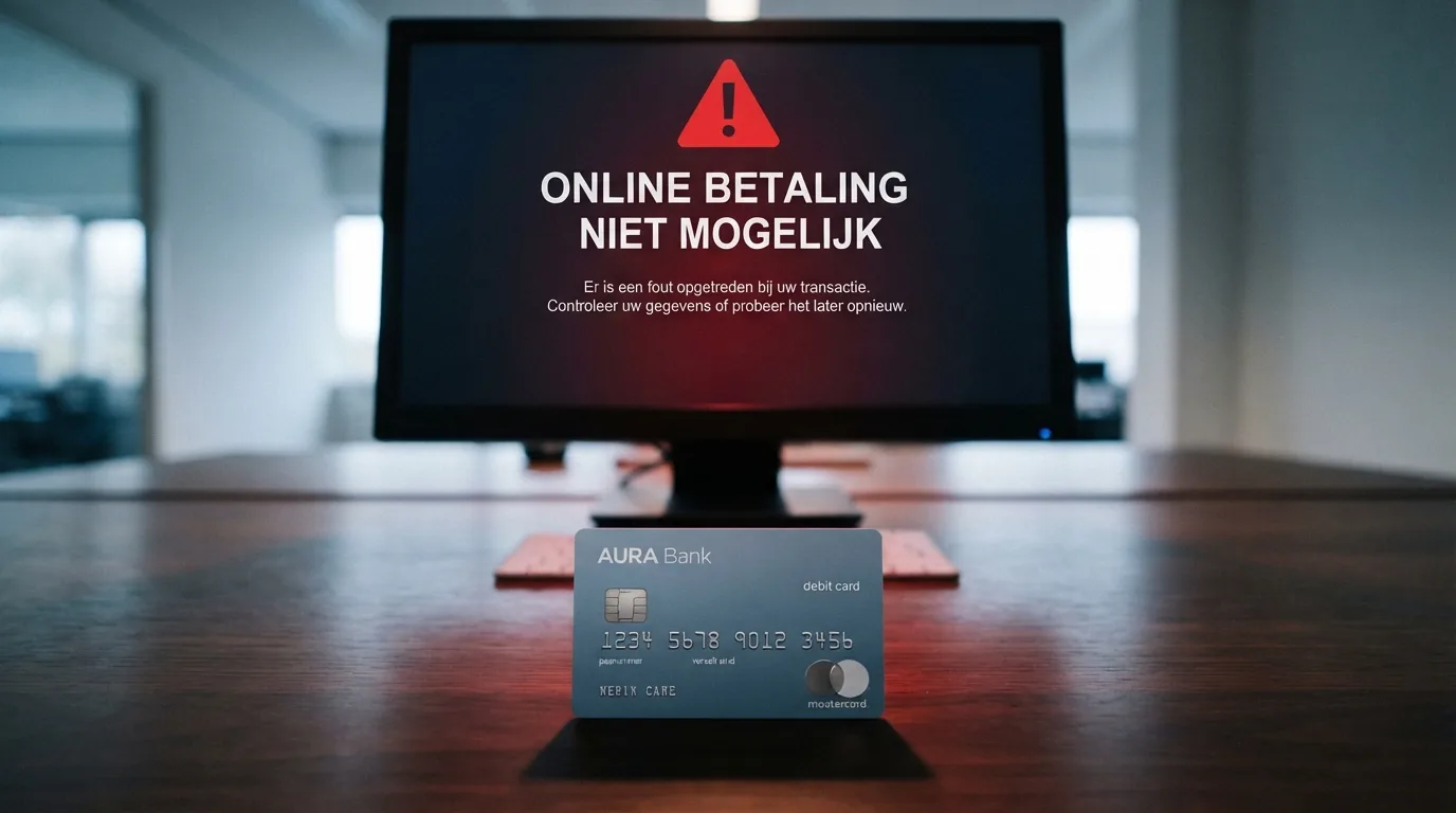 Een Nederlandse bankpas voor een beeldscherm met een rood waarschuwingssymbool en de tekst “online betaling niet mogelijk”