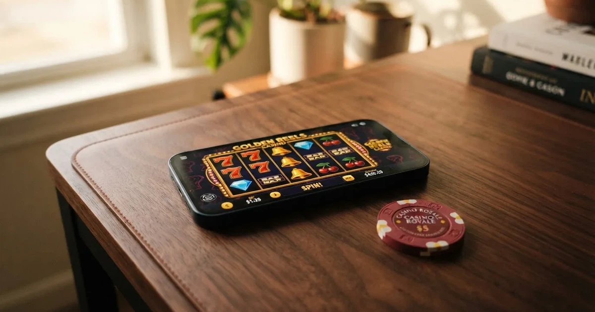 Een smartphone met een geopend mobiel casino op het scherm, gokkasten zichtbaar in een helder grid