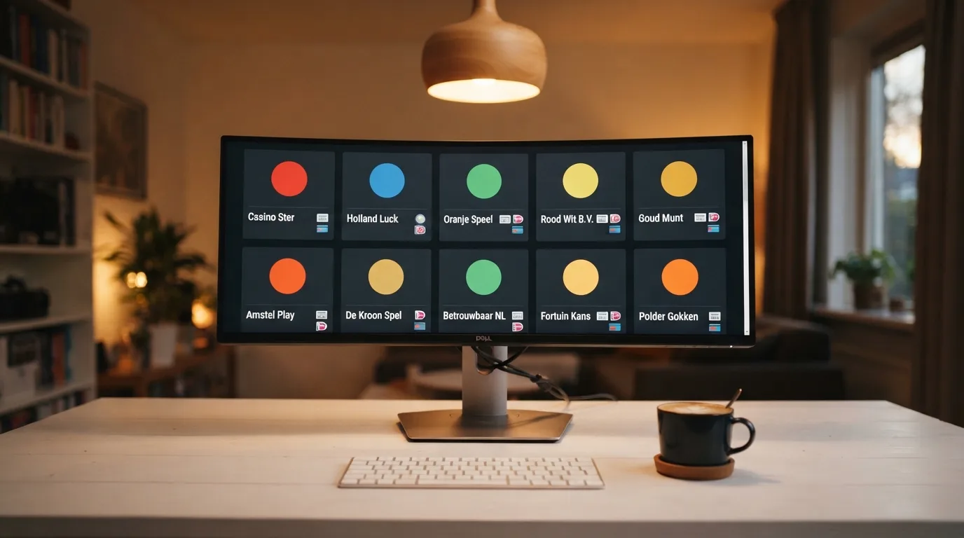 Een overzichtelijk vergelijkingsscherm met de logo's van de besproken legale casino's, gerangschikt in een grid — geen HiPay-logo's, wél iDEAL- en Wero-merken