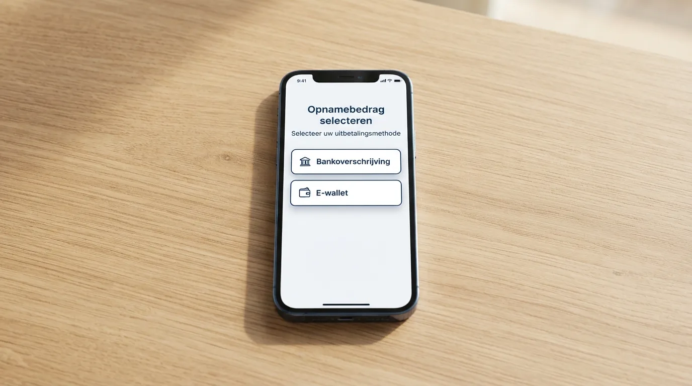 Een uitbetalingsscherm met de keuze tussen bankoverschrijving en e-wallet, zonder Neosurf-optie