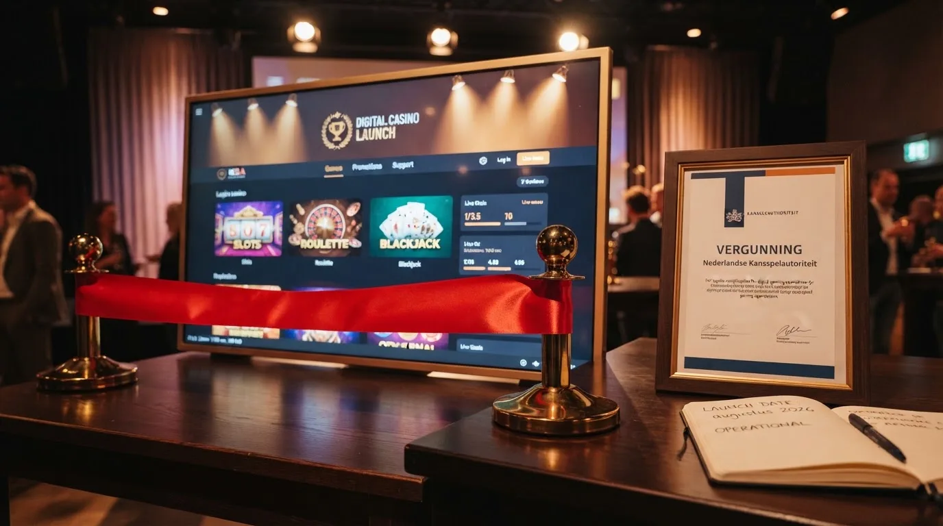 Een openingslint voor een digitaal casino met het KSA-keurmerk ernaast en een kalender die augustus 2026 toont