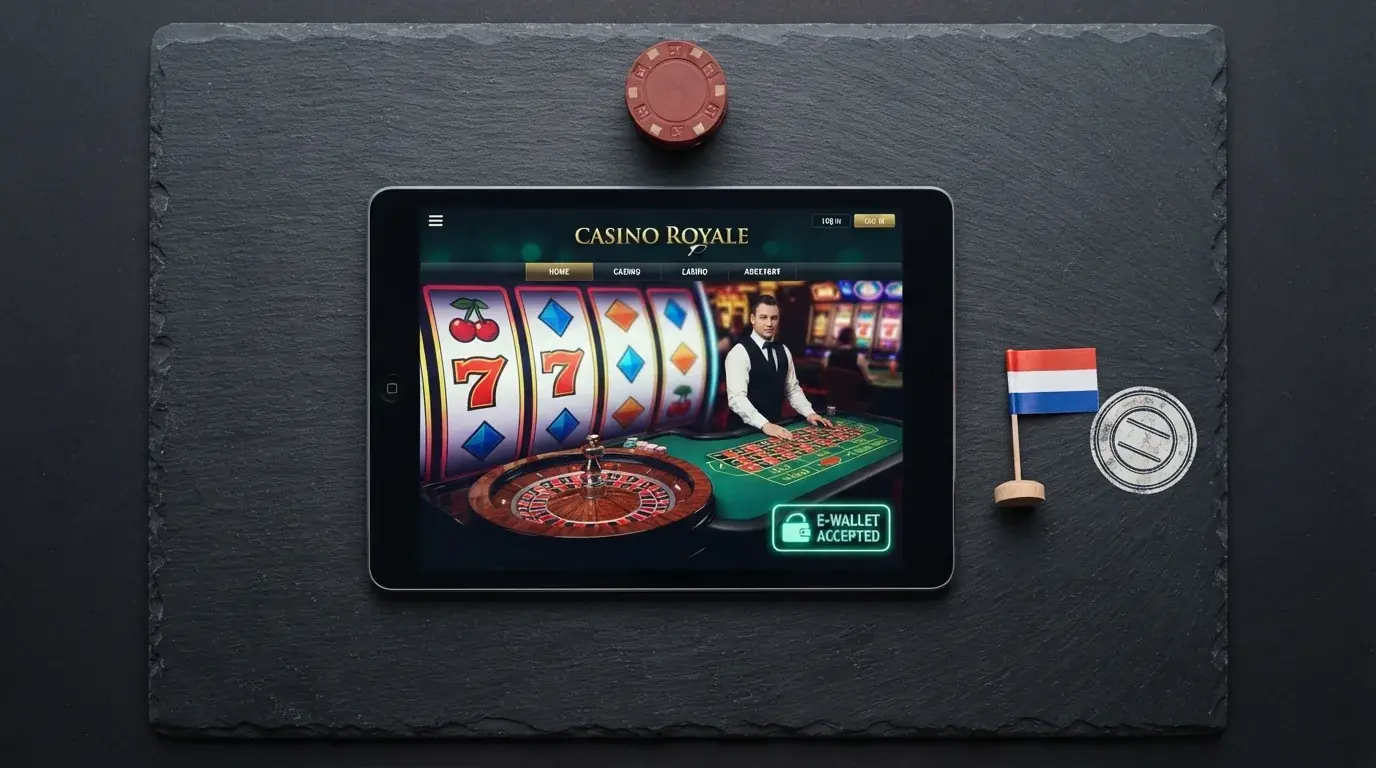 Een vergelijkend overzicht van offshore casino-logo's met ecoPayz als gemarkeerde betaaloptie, tegen een achtergrond van een Nederlandse vlag met een Ksa-stempel