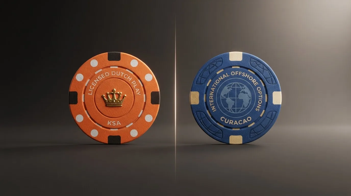 een vergelijkend overzicht van casino-logo's waarbij één helft een Ksa-keurmerk draagt en de andere een wereldbol-icoon