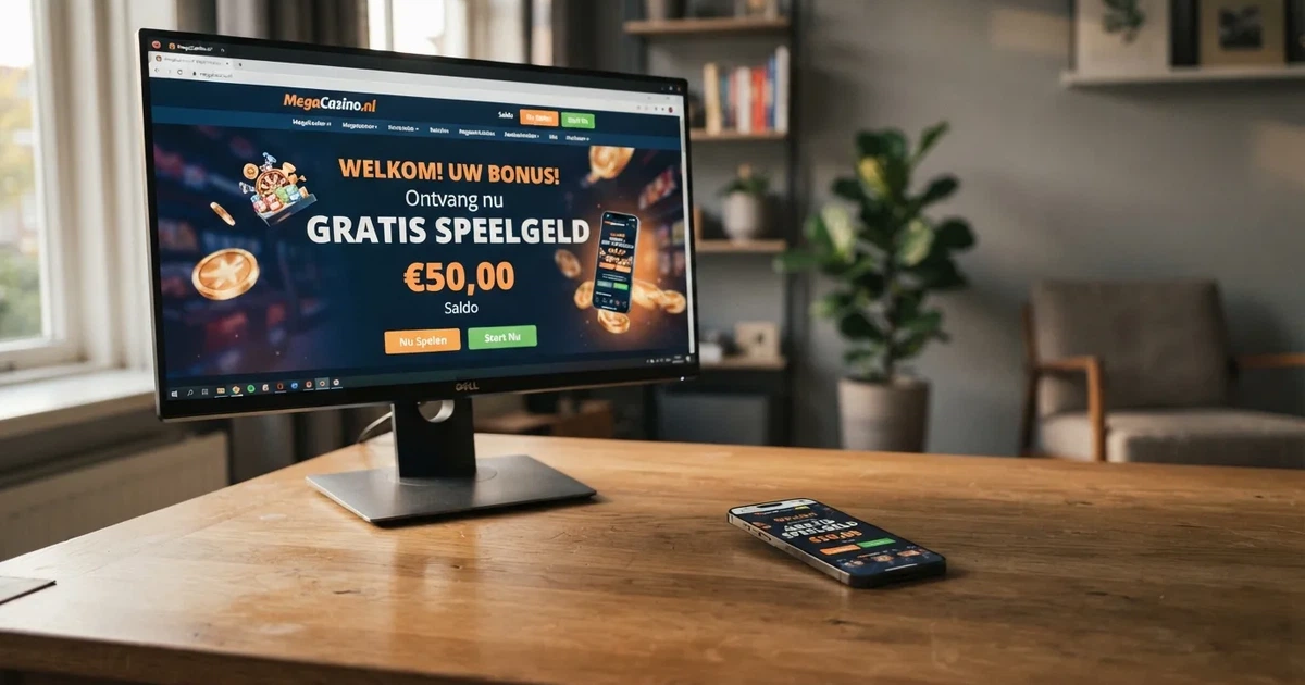Een Nederlands online casino bonusscherm met de tekst “gratis speelgeld” en een speeltegoed-saldo in euro's, op een desktop- en mobielscherm