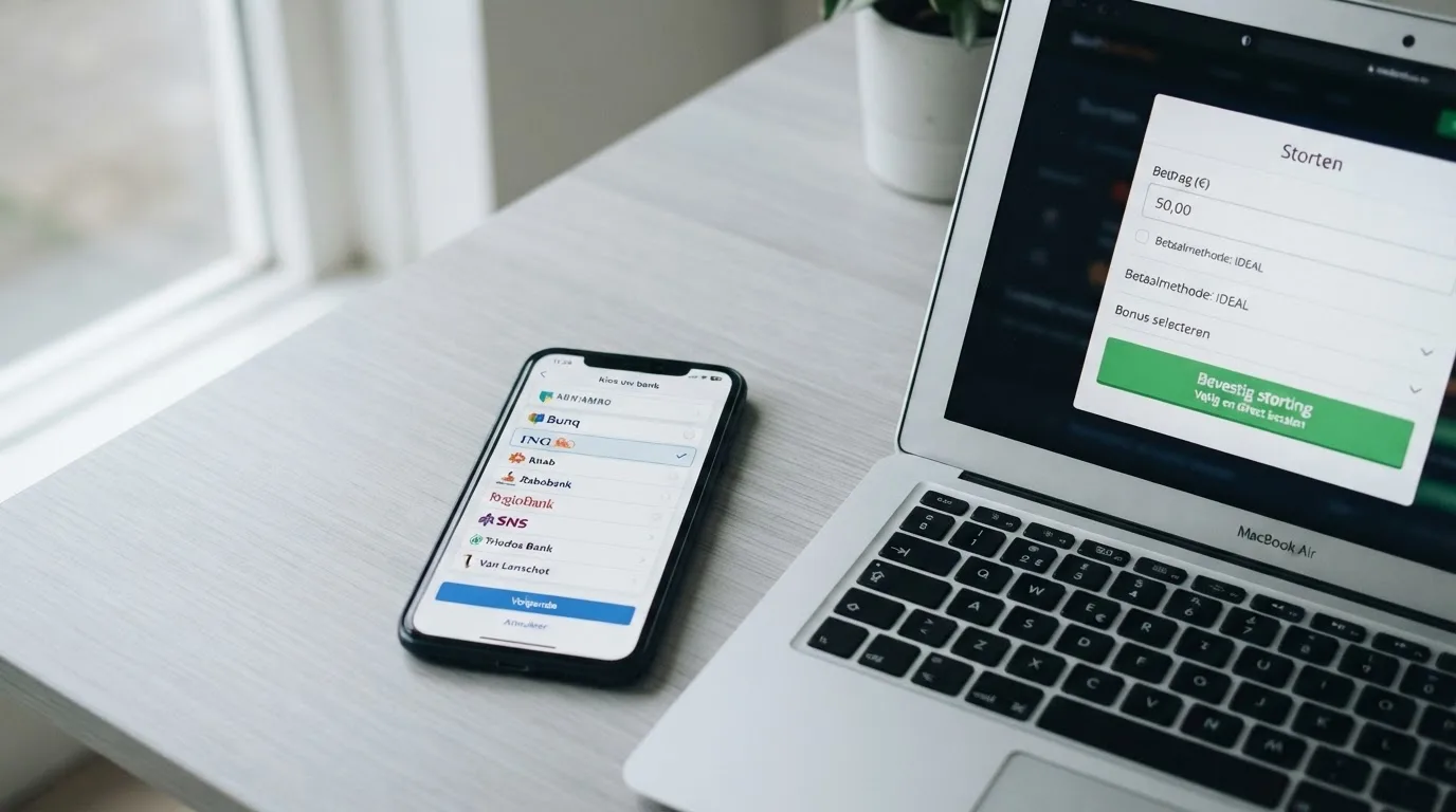 Een smartphone toont de iDEAL-bankkeuzelijst met Revolut gemarkeerd, naast het casinoscherm