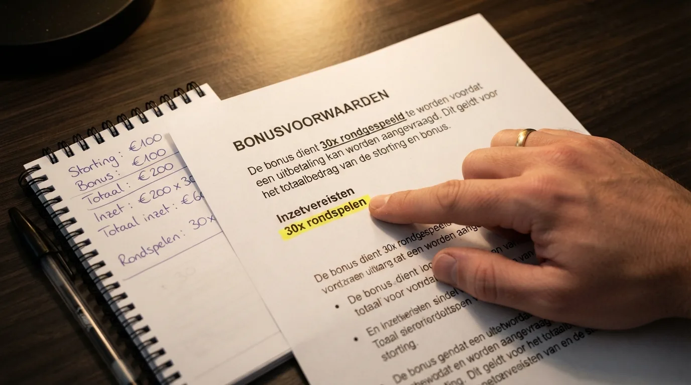 Een close-up van bonuscvoorwaarden met een rekenmachine ernaast, de tekst “30x rondspelen” is uitgelicht