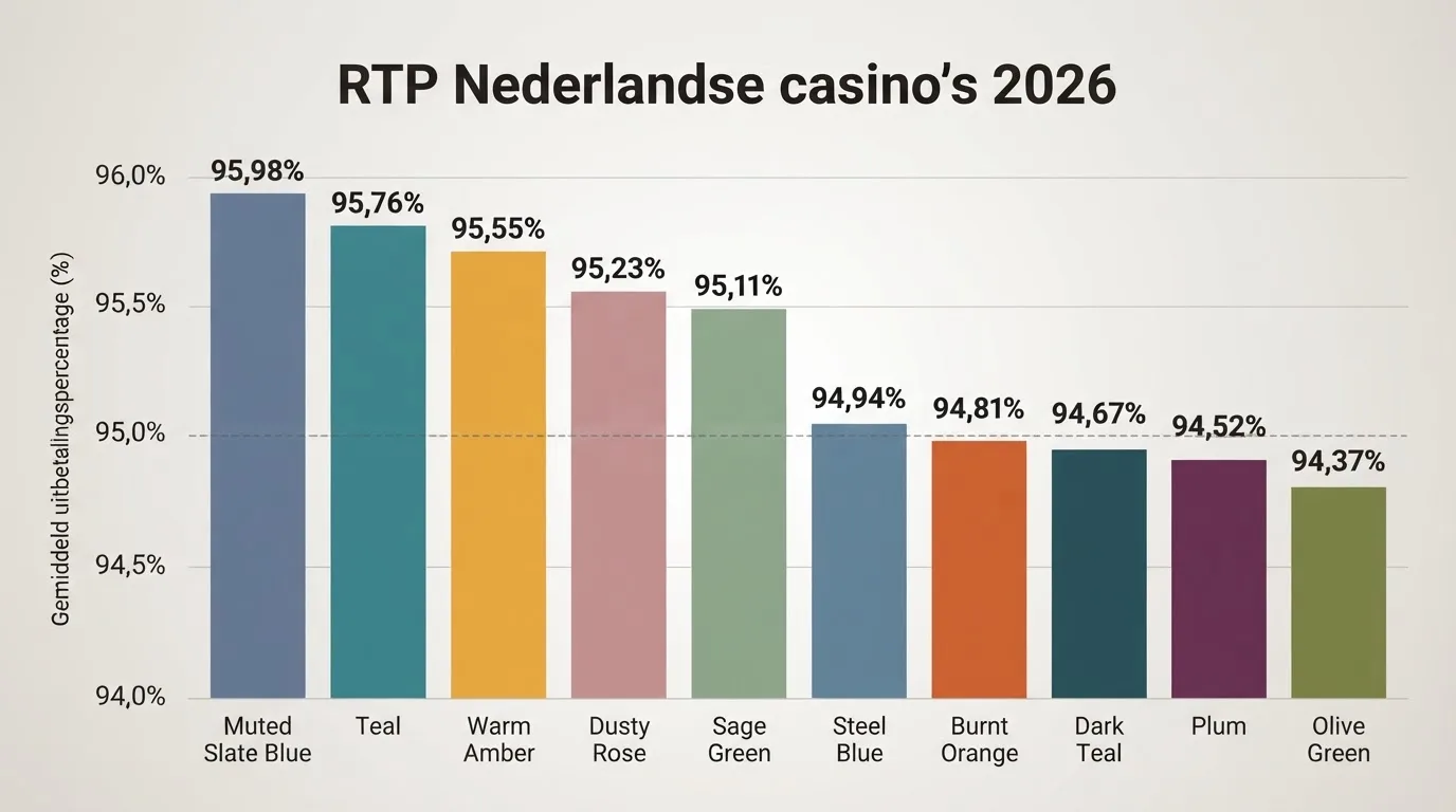 Een staafdiagram met de tien best uitbetalende casino's van Nederland naast elkaar, gesorteerd op gemiddeld uitbetalingspercentage