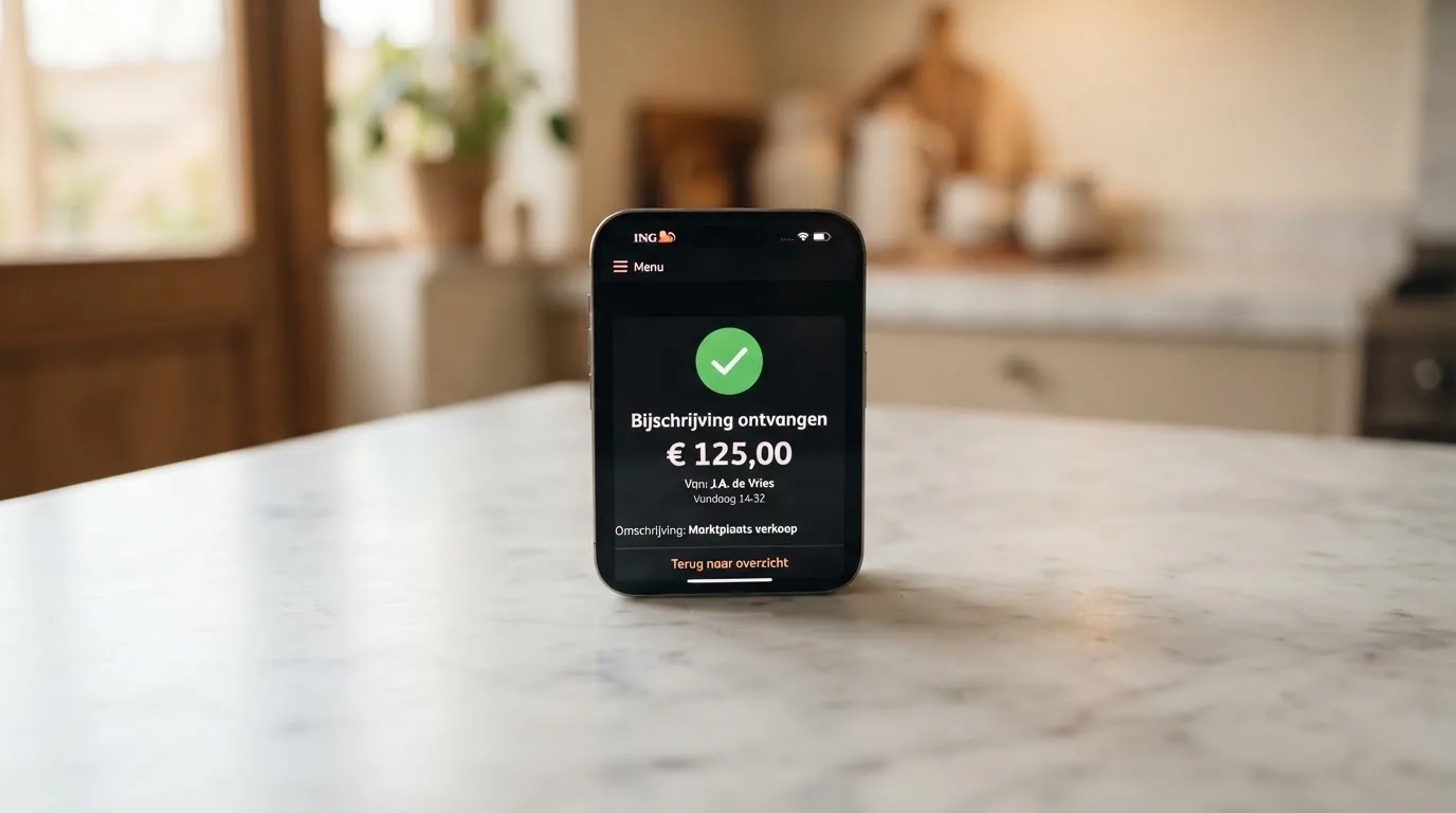 Een smartphone met een bank-app die een directe bijschrijving toont van een casino-uitbetaling, met het SEPA Instant-logo en het bedrag duidelijk zichtbaar op het scherm.