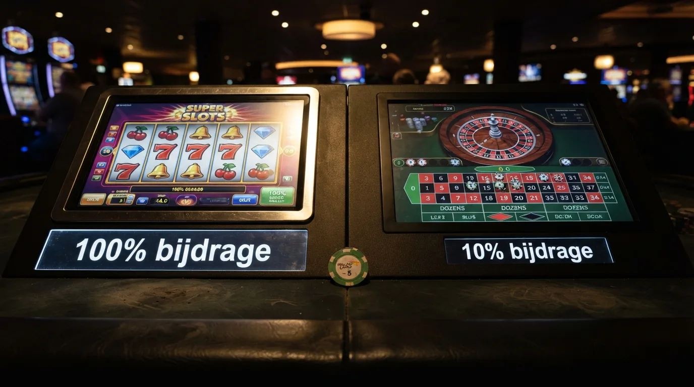 Een gokkast-scherm met het percentage “100% bijdrage” naast een roulettetafel met “10% bijdrage”