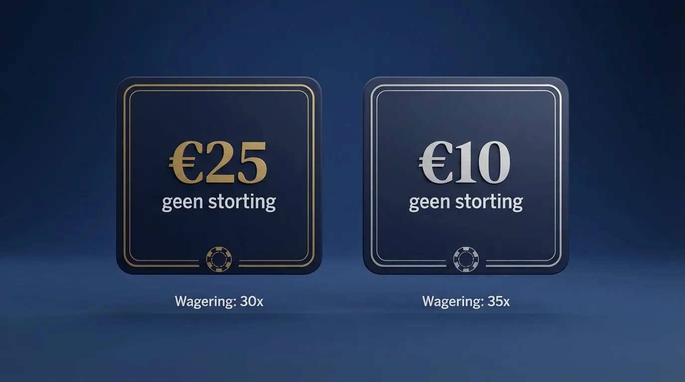 Een overzichtelijke vergelijking van twee casino-bonustegoeden — links €25 bij Kansino en rechts €10 bij One Casino — met zichtbare voorwaarden