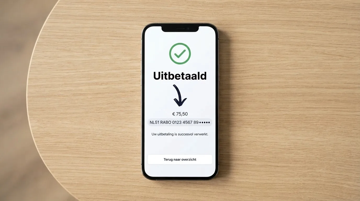 Een smartphone toont een uitbetalingsbevestiging met een pijl naar een bankrekeningnummer