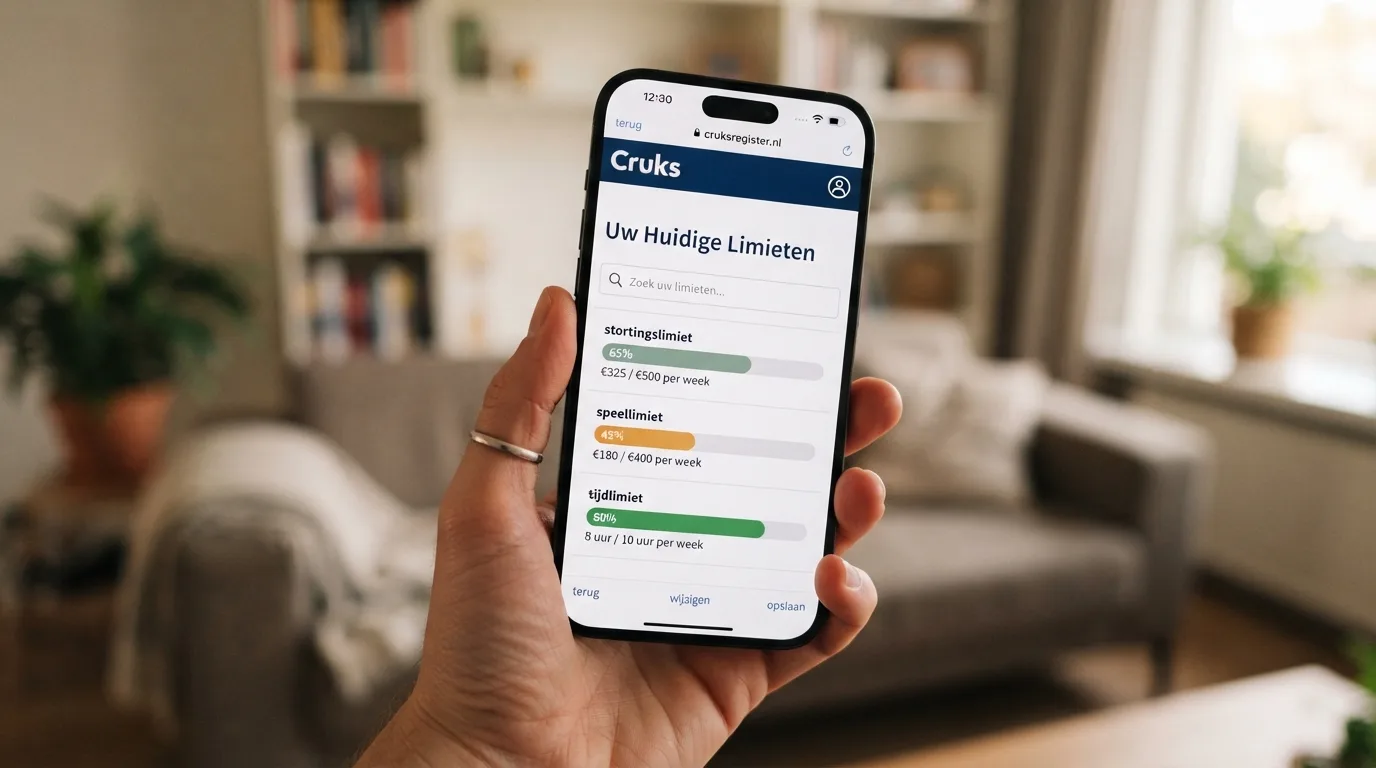 Een smartphone-scherm met de Cruks-website en daaronder drie balkjes: stortingslimiet, speellimiet, tijdlimiet