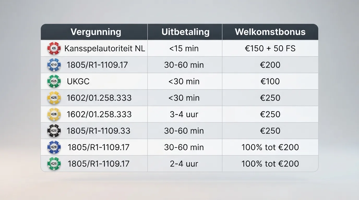 Een vergelijkingstabel met kolommen voor vergunning, uitbetaling en welkomstbonus
